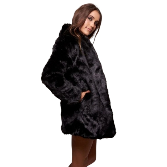 Black Panther Faux Fur Coat With Hood Black Men's LED Desert